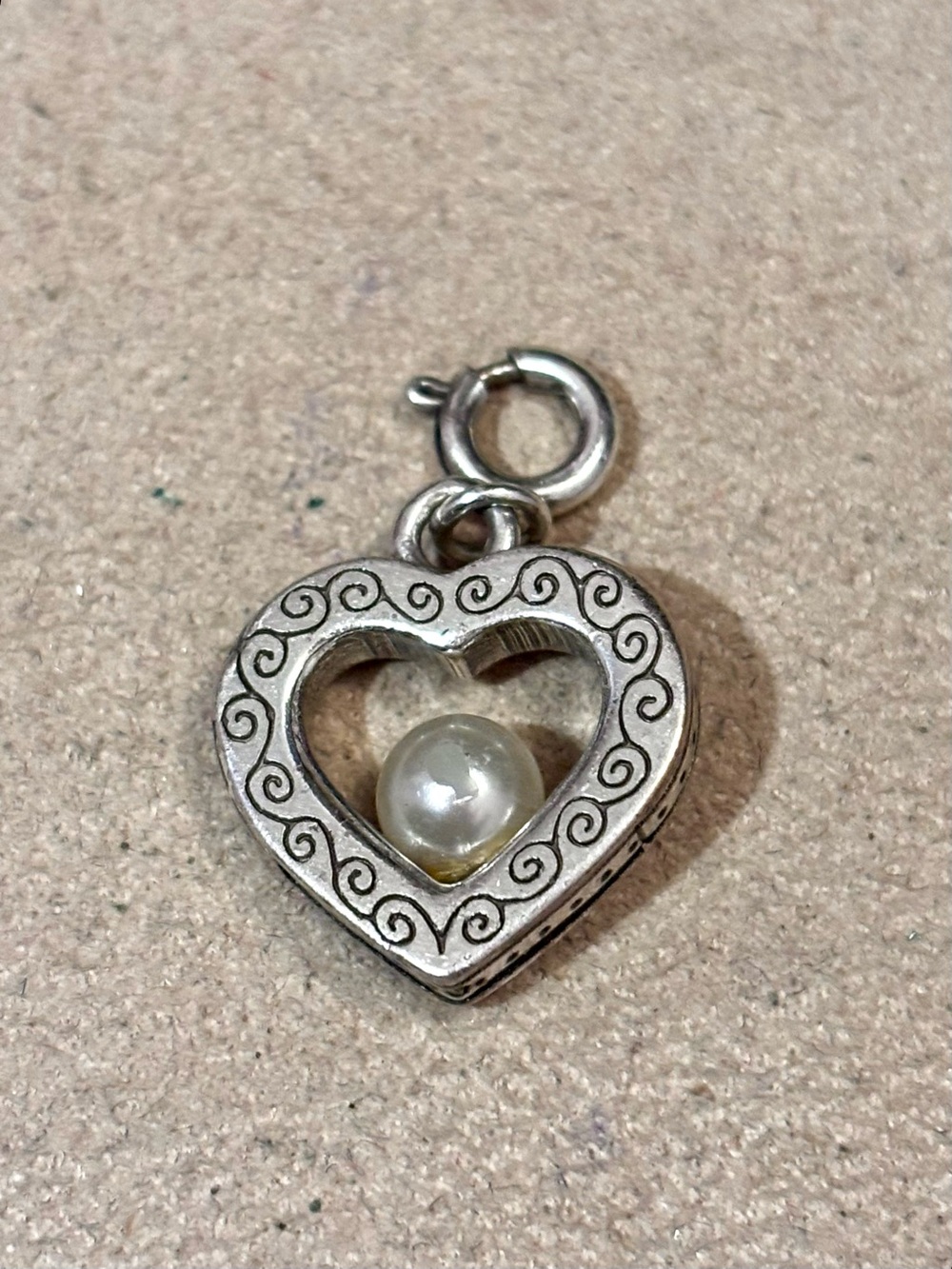 Brighton Sorority Row Snap charm Silver open heart White glass pearl Retired